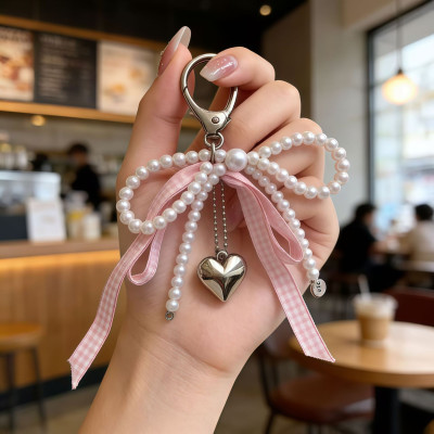 Брелок-підвіска «Перлинний бант із серцем» Pearl Bow Keychain або Coquette/Y2K Bag Charm, Рожевий