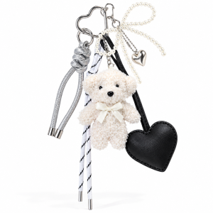 Дизайнерський брелок для сумки та рюкзака «Teddy & Heart» з перловою ниткою та шкіряним серцем, Білий