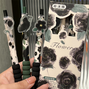 Набір стильних гелевих ручок 3 шт у квітковому дизайні FLOWER колір чорний 0,5 мм