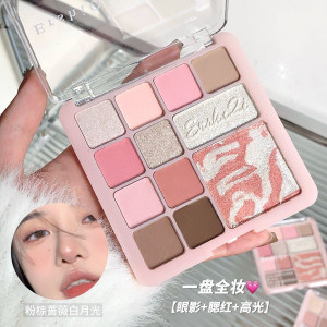Палітра тіней та рум'ян з 12 кольорів ERSHIQI Pink Mist Flower, градієнтні рум'яна, тіні для повік матові, сатинові та кремові # 02